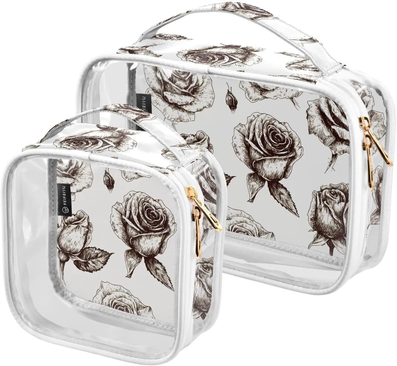 2 Pack Clear Makeup Bag, Black Grey Flower Rose Cosmetic Organizer Waterproof Travel Toiletry Bags for Women Transparent Handbag Purse
