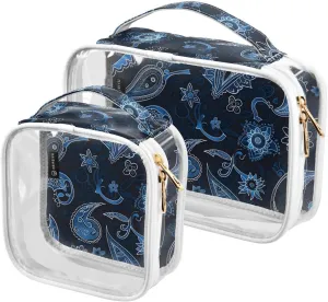 2 Pack Clear Makeup Bag, Blue Paisley Bohemian Flowers Cosmetic Organizer Waterproof Travel Toiletry Bags for Women Transparent Handbag Purse