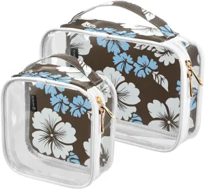 2 Pack Clear Makeup Bag, Blue White Flowers Brown Cosmetic Organizer Waterproof Travel Toiletry Bags for Women Transparent Handbag Purse