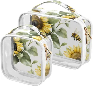 2 Pack Clear Makeup Bag, Flower Sunflower Bee Pattern Cosmetic Organizer Waterproof Travel Toiletry Bags for Women Transparent Handbag Purse