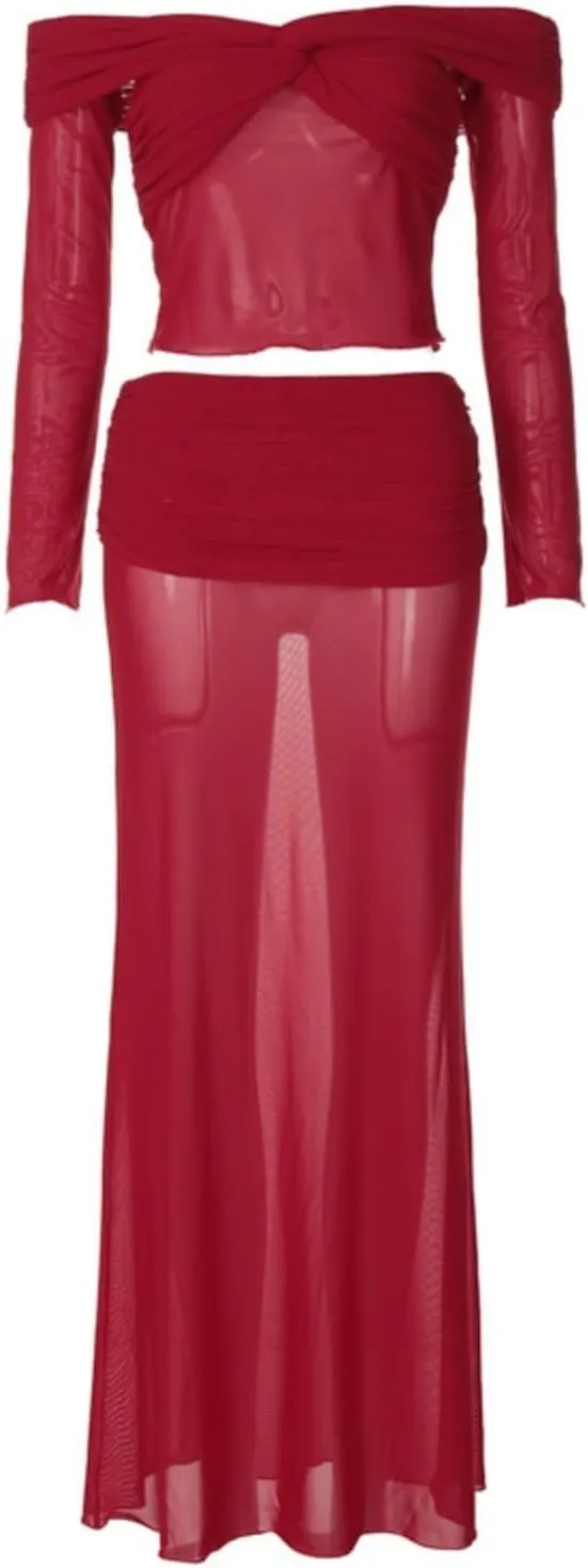 2 Piece Sets for Women Off Shoulder Long Sleeve Twist Front Crop Top and Sheer Mesh Maxi Skirt, Evening Party Outfits