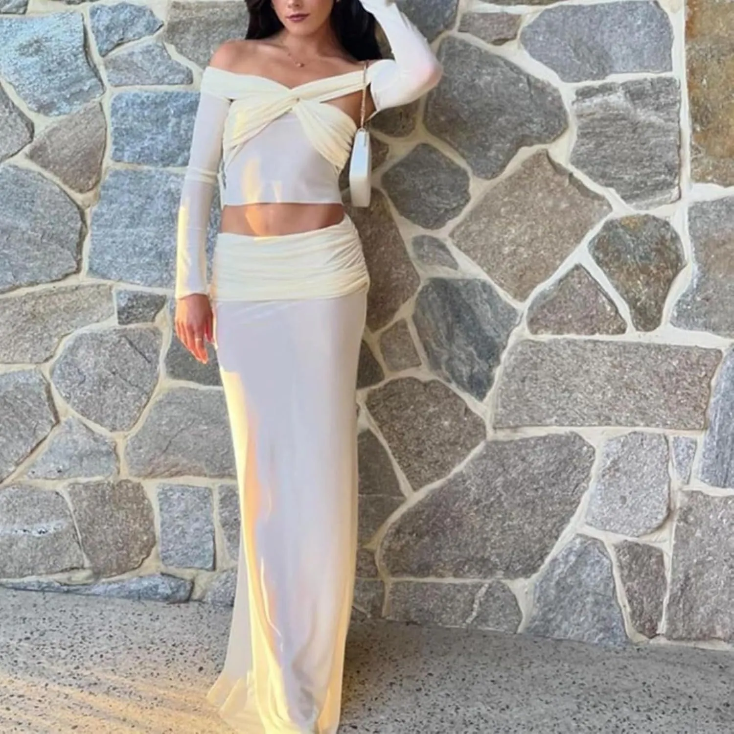 2 Piece Sets for Women Off Shoulder Long Sleeve Twist Front Crop Top and Sheer Mesh Maxi Skirt, Evening Party Outfits