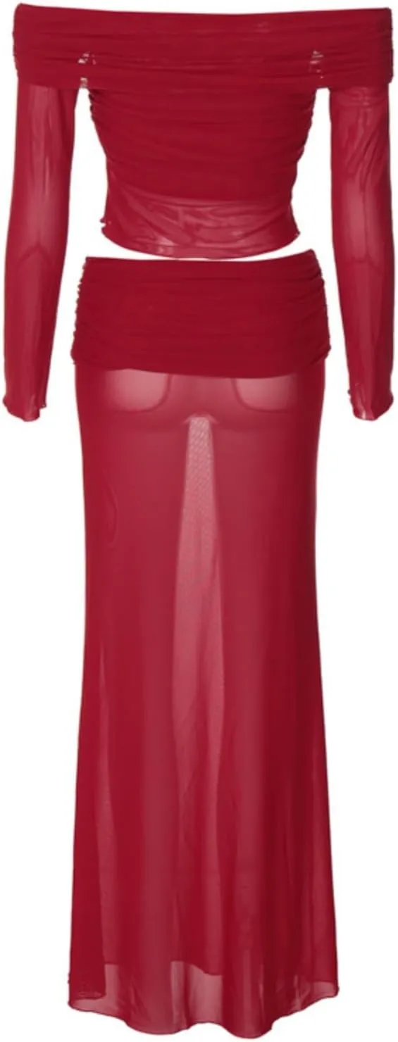 2 Piece Sets for Women Off Shoulder Long Sleeve Twist Front Crop Top and Sheer Mesh Maxi Skirt, Evening Party Outfits