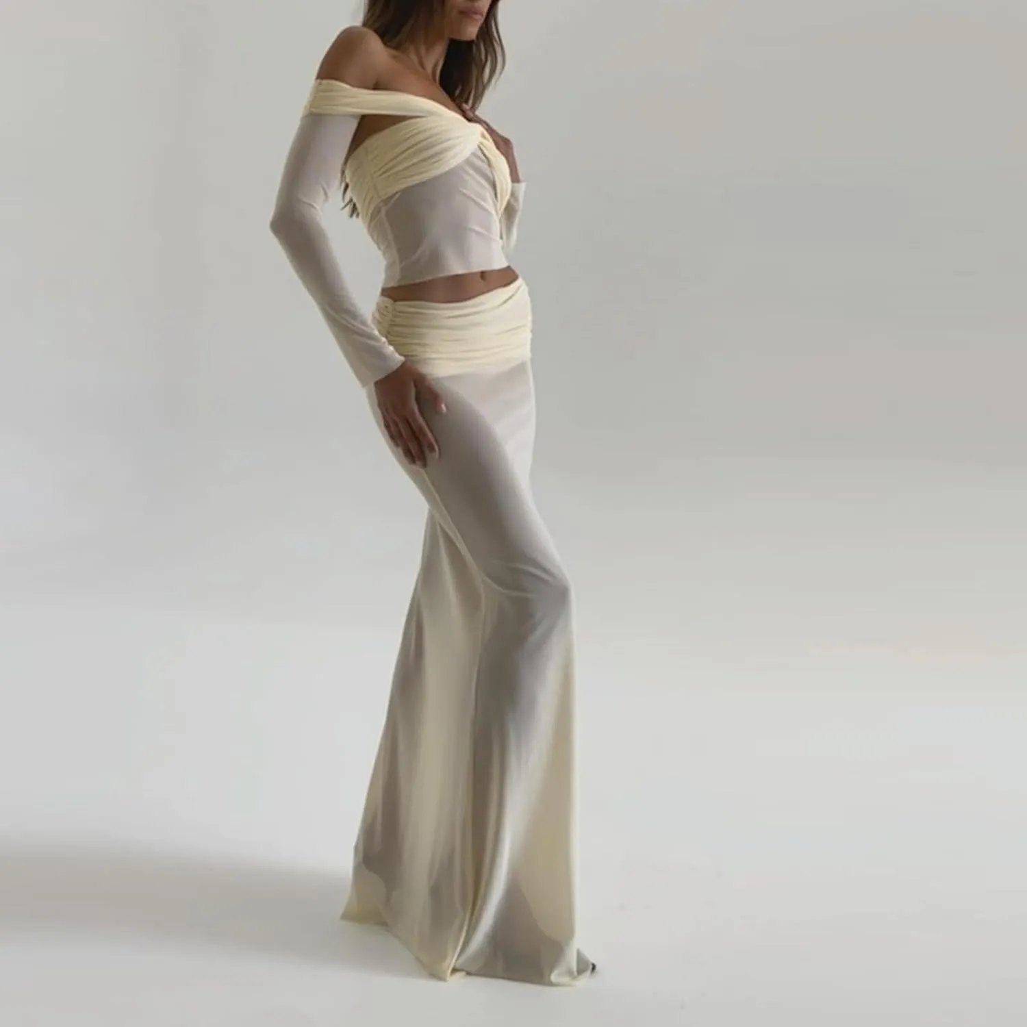 2 Piece Sets for Women Off Shoulder Long Sleeve Twist Front Crop Top and Sheer Mesh Maxi Skirt, Evening Party Outfits