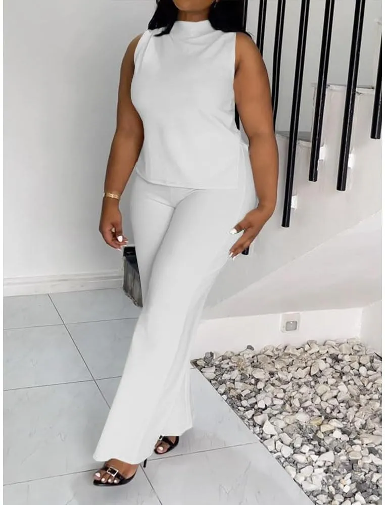 2 Piece Wide Leg Pants Set for Women Summer Casual Plus Size Sleeveless Shirt Long Pant Sets Sexy
