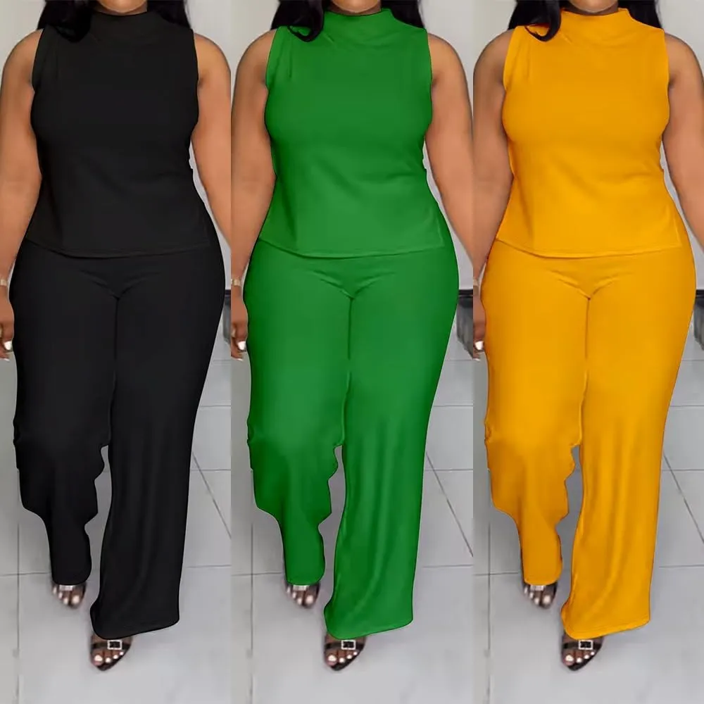 2 Piece Wide Leg Pants Set for Women Summer Casual Plus Size Sleeveless Shirt Long Pant Sets Sexy