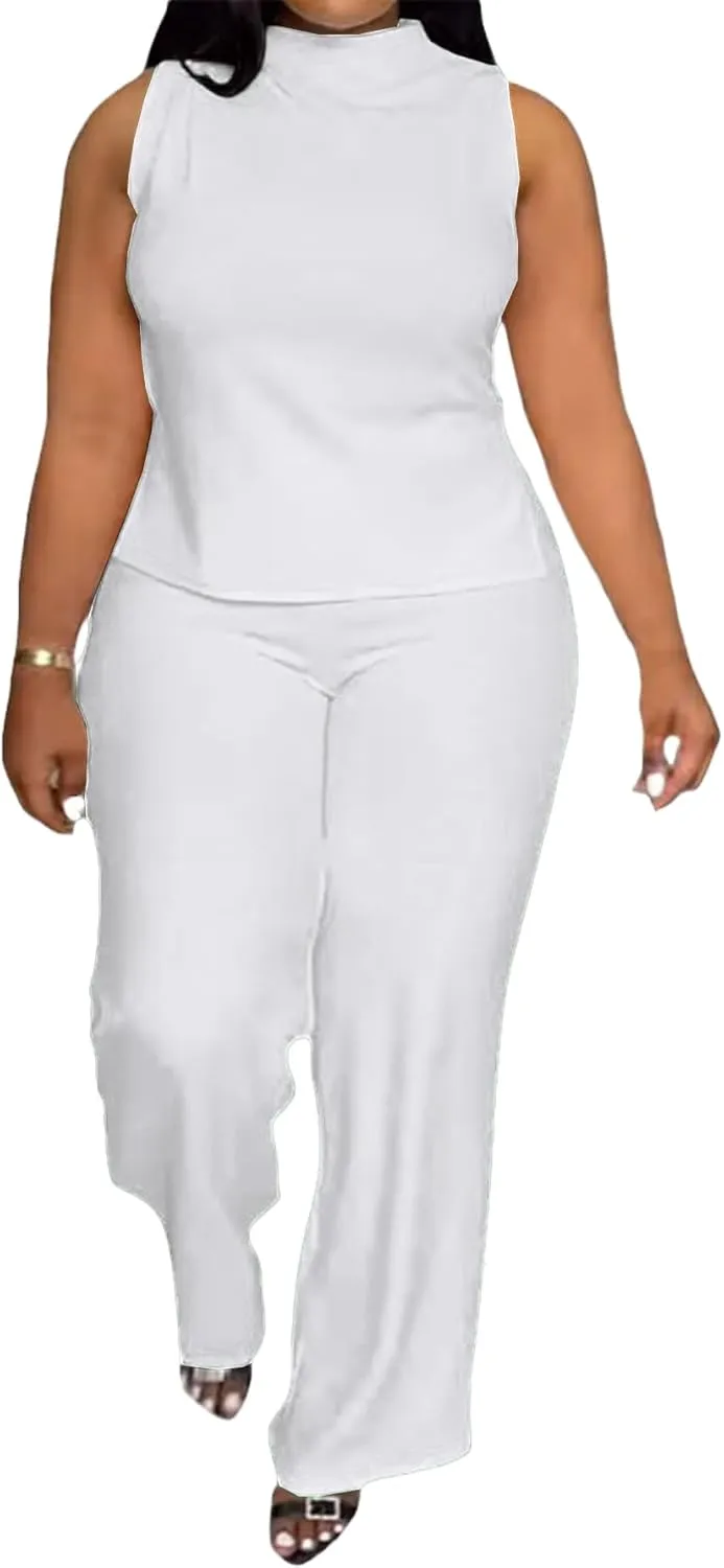 2 Piece Wide Leg Pants Set for Women Summer Casual Plus Size Sleeveless Shirt Long Pant Sets Sexy