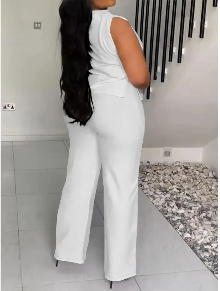 2 Piece Wide Leg Pants Set for Women Summer Casual Plus Size Sleeveless Shirt Long Pant Sets Sexy