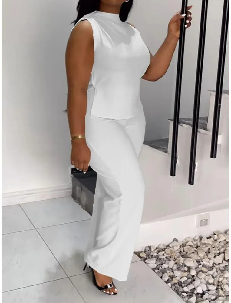 2 Piece Wide Leg Pants Set for Women Summer Casual Plus Size Sleeveless Shirt Long Pant Sets Sexy