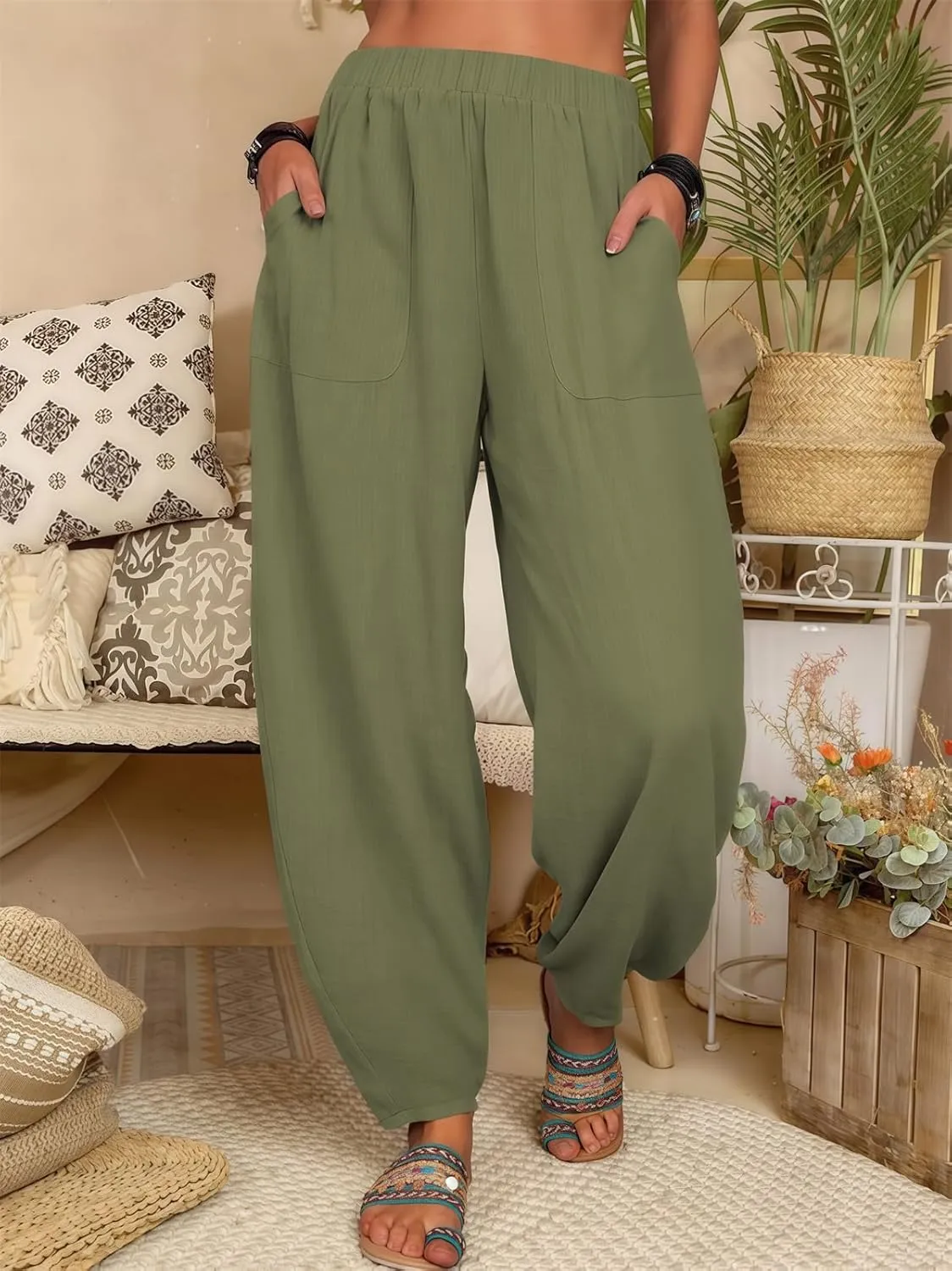 2025 Women Loose Solid Color Casual Wide Leg Pants Cotton Linen Trousers, Loose Cotton Linen Casual Harem Pants