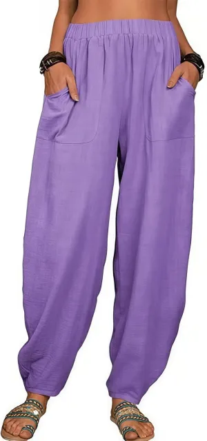 2025 Women Loose Solid Color Casual Wide Leg Pants Cotton Linen Trousers, Loose Cotton Linen Casual Harem Pants