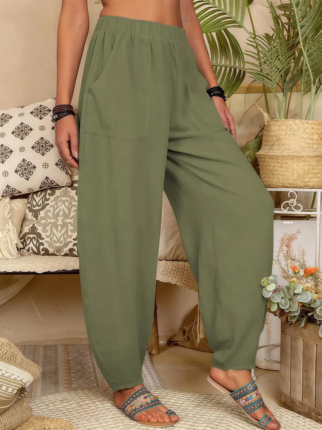 2025 Women Loose Solid Color Casual Wide Leg Pants Cotton Linen Trousers, Loose Cotton Linen Casual Harem Pants