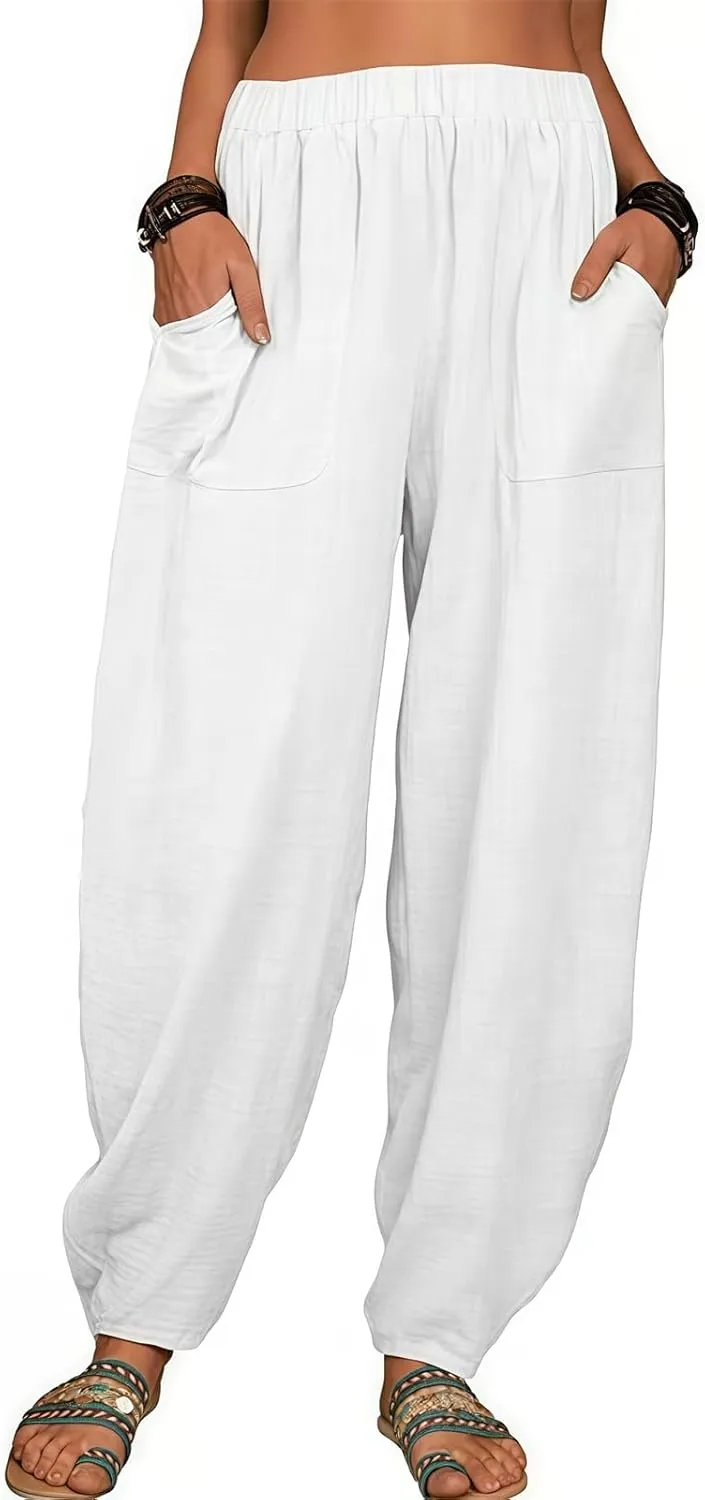 2025 Women Loose Solid Color Casual Wide Leg Pants Cotton Linen Trousers, Loose Cotton Linen Casual Harem Pants