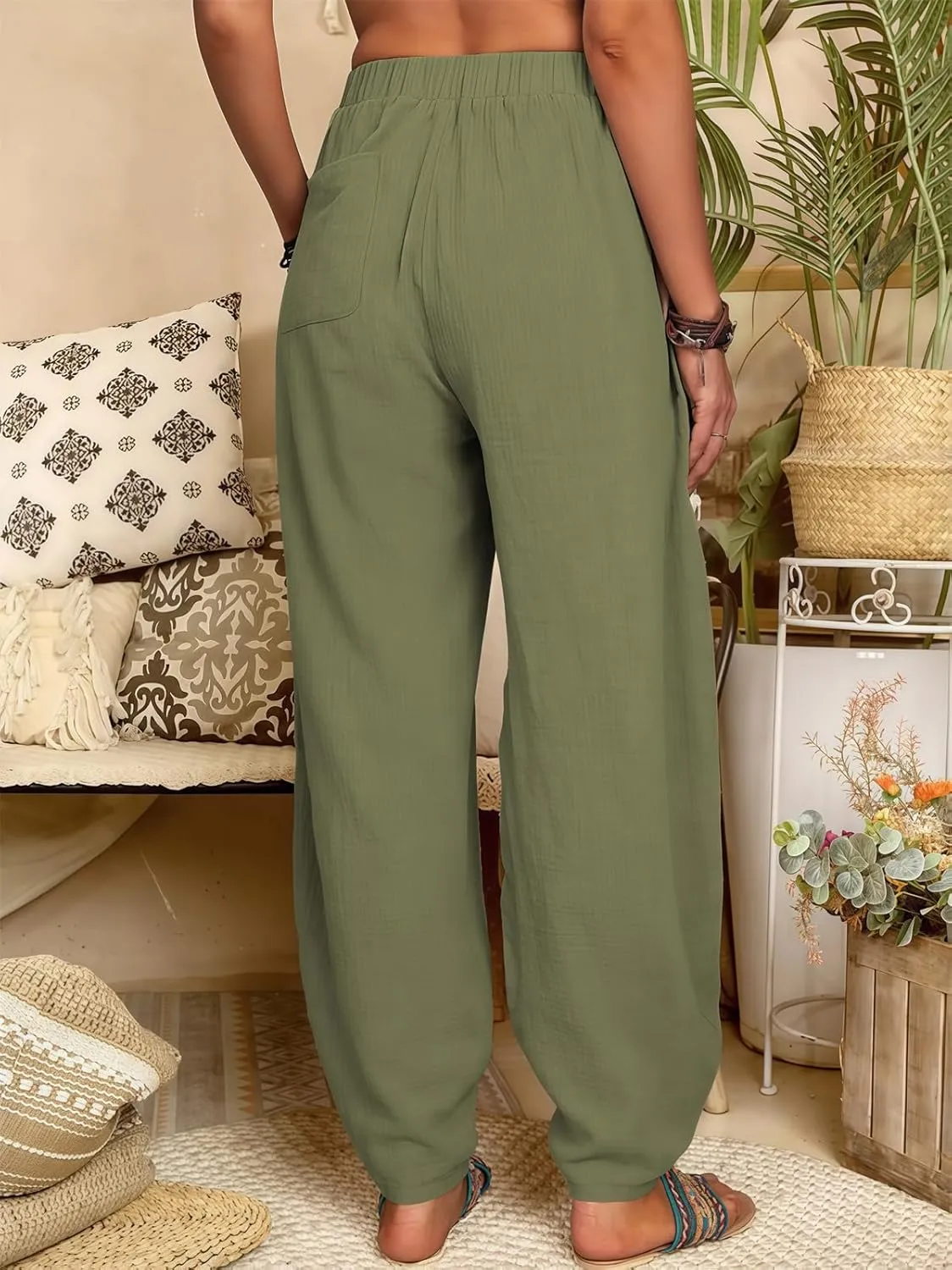 2025 Women Loose Solid Color Casual Wide Leg Pants Cotton Linen Trousers, Loose Cotton Linen Casual Harem Pants