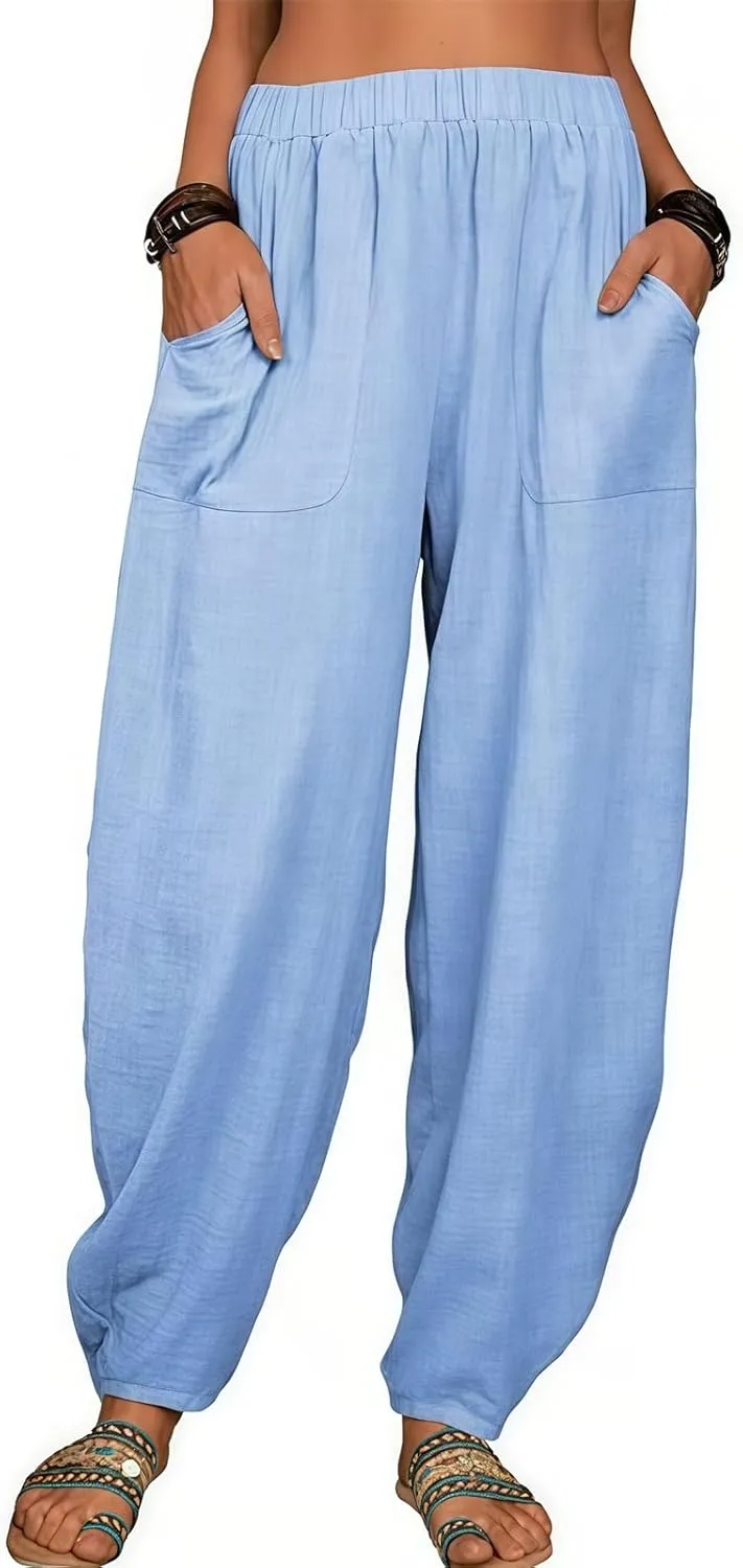 2025 Women Loose Solid Color Casual Wide Leg Pants Cotton Linen Trousers, Loose Cotton Linen Casual Harem Pants