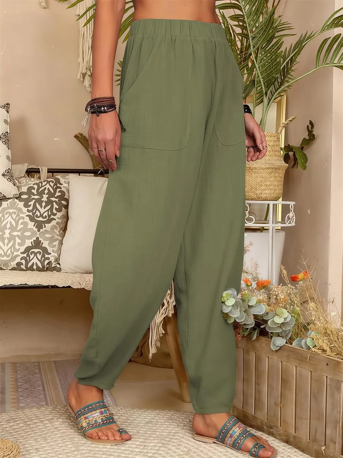 2025 Women Loose Solid Color Casual Wide Leg Pants Cotton Linen Trousers, Loose Cotton Linen Casual Harem Pants