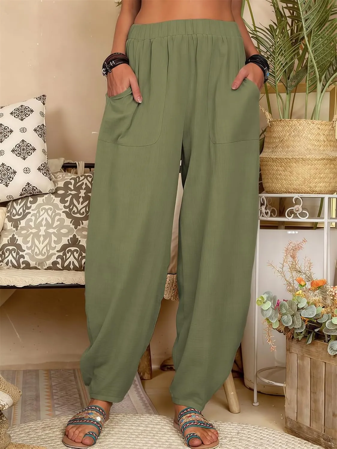 2025 Women Loose Solid Color Casual Wide Leg Pants Cotton Linen Trousers, Loose Cotton Linen Casual Harem Pants
