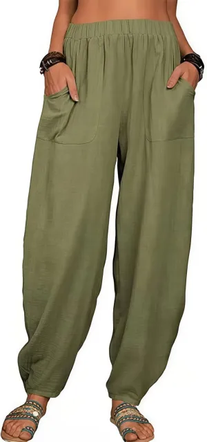 2025 Women Loose Solid Color Casual Wide Leg Pants Cotton Linen Trousers, Loose Cotton Linen Casual Harem Pants