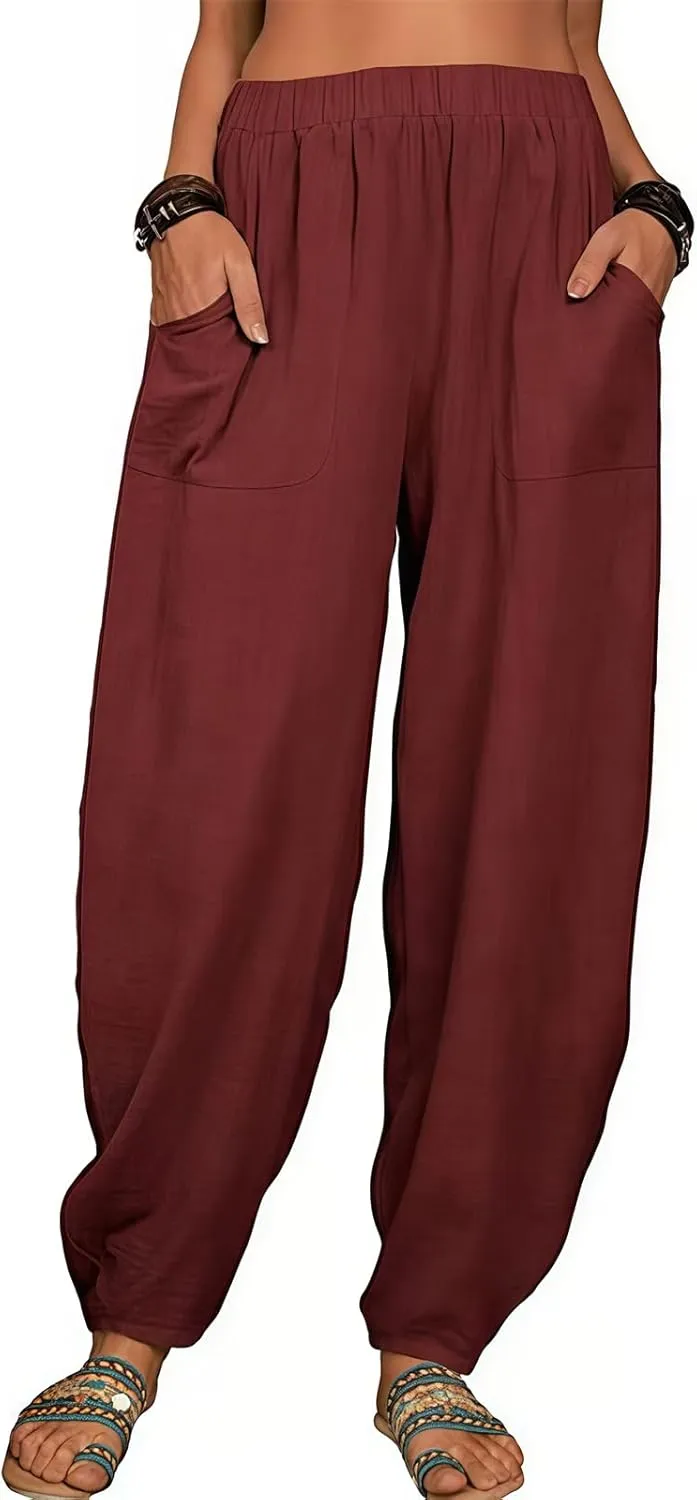 2025 Women Loose Solid Color Casual Wide Leg Pants Cotton Linen Trousers, Loose Cotton Linen Casual Harem Pants