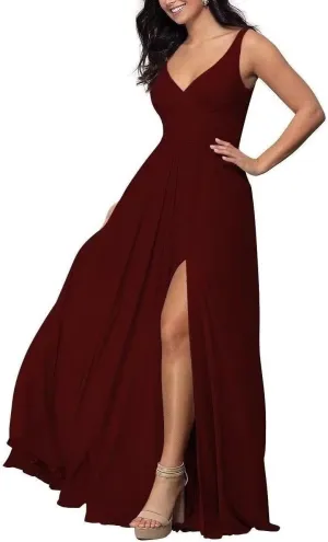 A Line Long Chiffon Bridesmaid Formal Evening Dress for Women Long Wedding Guest Party Event Dress with Slit