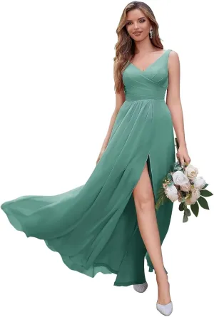 A Line Long Chiffon Bridesmaid Formal Evening Dress for Women Long Wedding Guest Party Event Dress with Slit