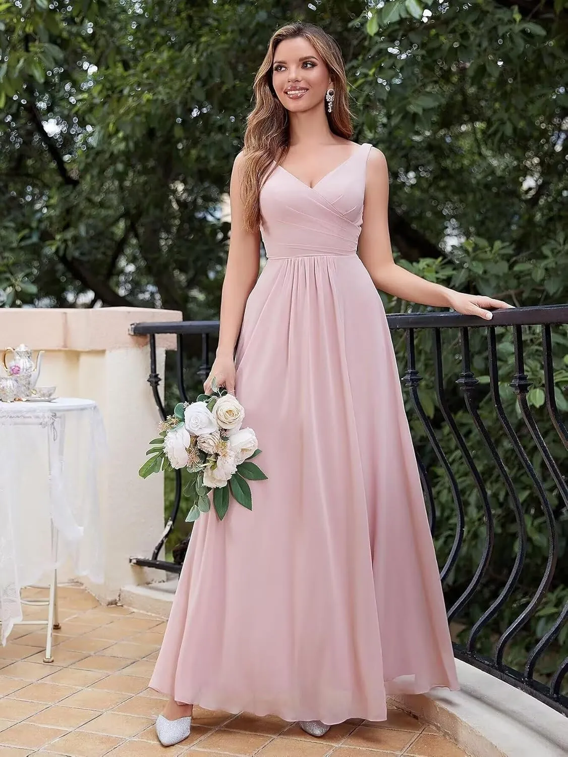 A Line Long Chiffon Bridesmaid Formal Evening Dress for Women Long Wedding Guest Party Event Dress with Slit