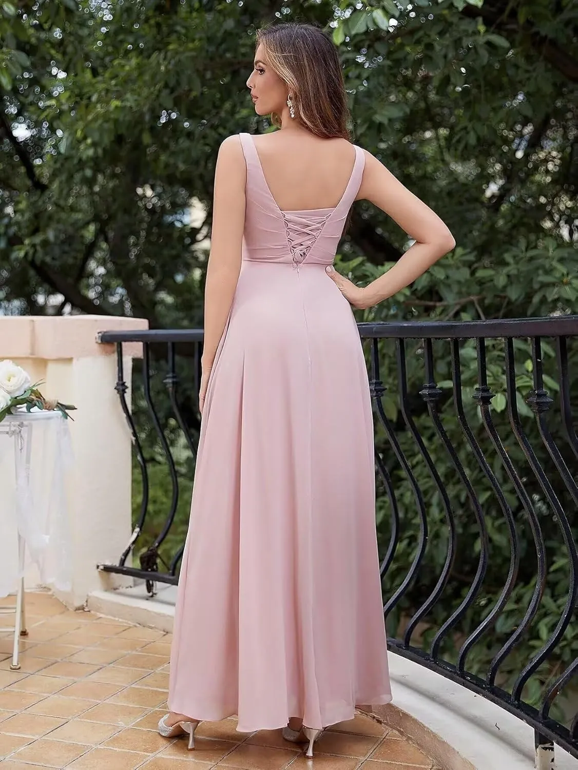 A Line Long Chiffon Bridesmaid Formal Evening Dress for Women Long Wedding Guest Party Event Dress with Slit