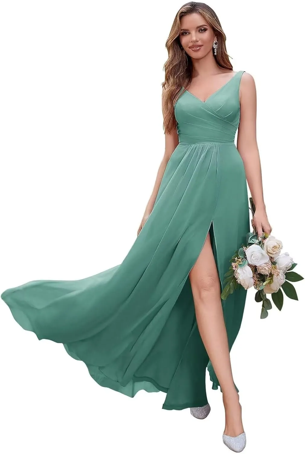 A Line Long Chiffon Bridesmaid Formal Evening Dress for Women Long Wedding Guest Party Event Dress with Slit