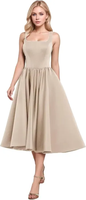 A-Line Tea Length Party Dress for Women, Pleated Satin Formal Evening Dress Prom Gown Wedding Gown