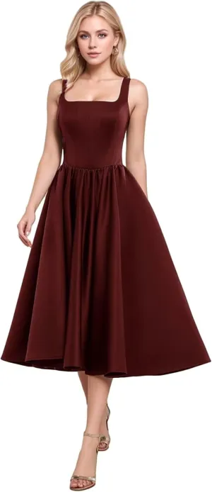 A-Line Tea Length Party Dress for Women, Pleated Satin Formal Evening Dress Prom Gown Wedding Gown