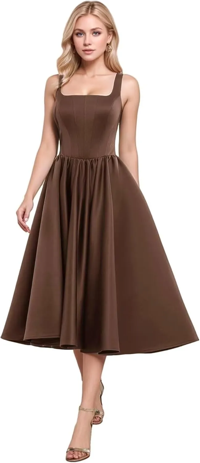 A-Line Tea Length Party Dress for Women, Pleated Satin Formal Evening Dress Prom Gown Wedding Gown