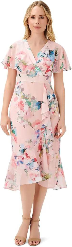 Adrianna Papell Women's Floral Faux Wrap Ruffle Dress