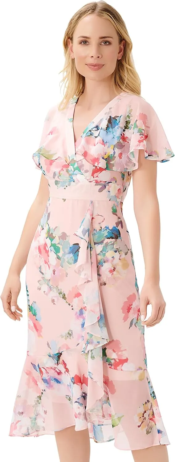 Adrianna Papell Women's Floral Faux Wrap Ruffle Dress