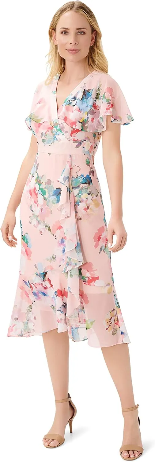 Adrianna Papell Women's Floral Faux Wrap Ruffle Dress