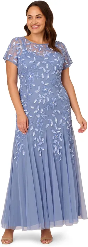 Adrianna Papell Women's Short-Sleeve Floral Beaded Godet Gown, French Blue
