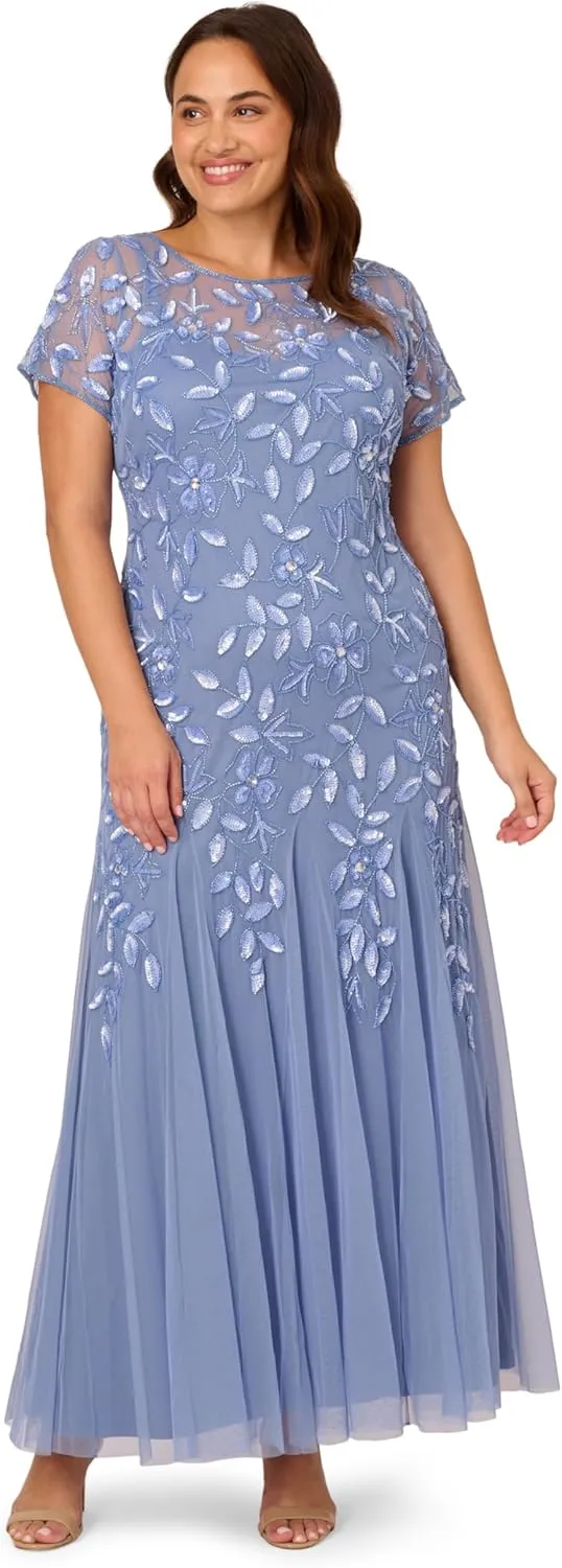 Adrianna Papell Women's Short-Sleeve Floral Beaded Godet Gown, French Blue