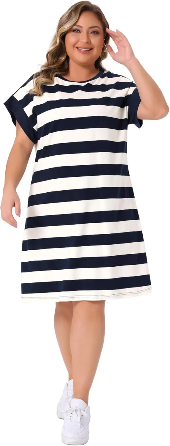 Agnes Orinda Plus Size Tunic Dress for Women 2025 Summer Short Sleeve Striped Casual t Shirt Dress