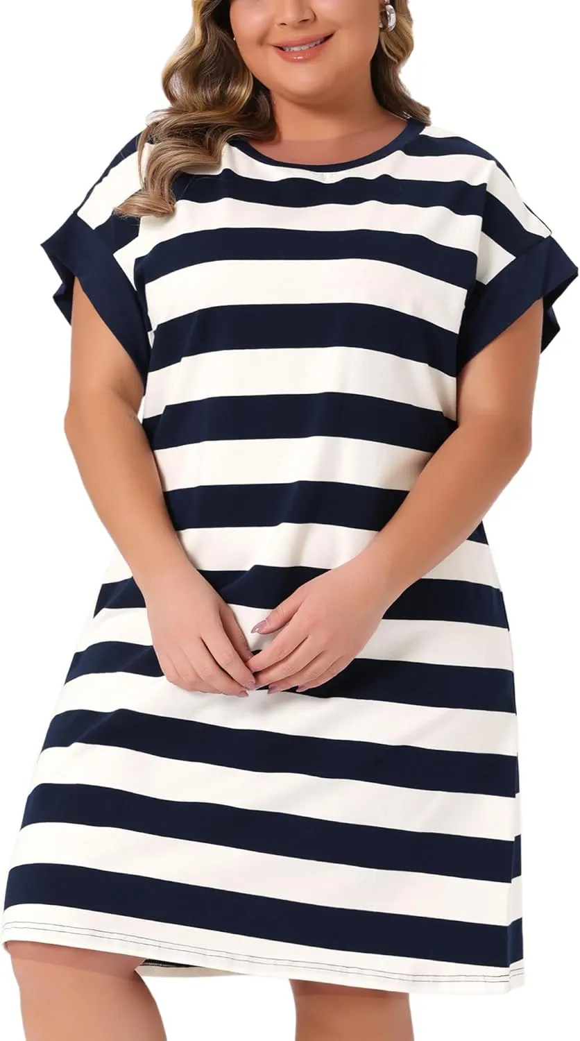 Agnes Orinda Plus Size Tunic Dress for Women 2025 Summer Short Sleeve Striped Casual t Shirt Dress