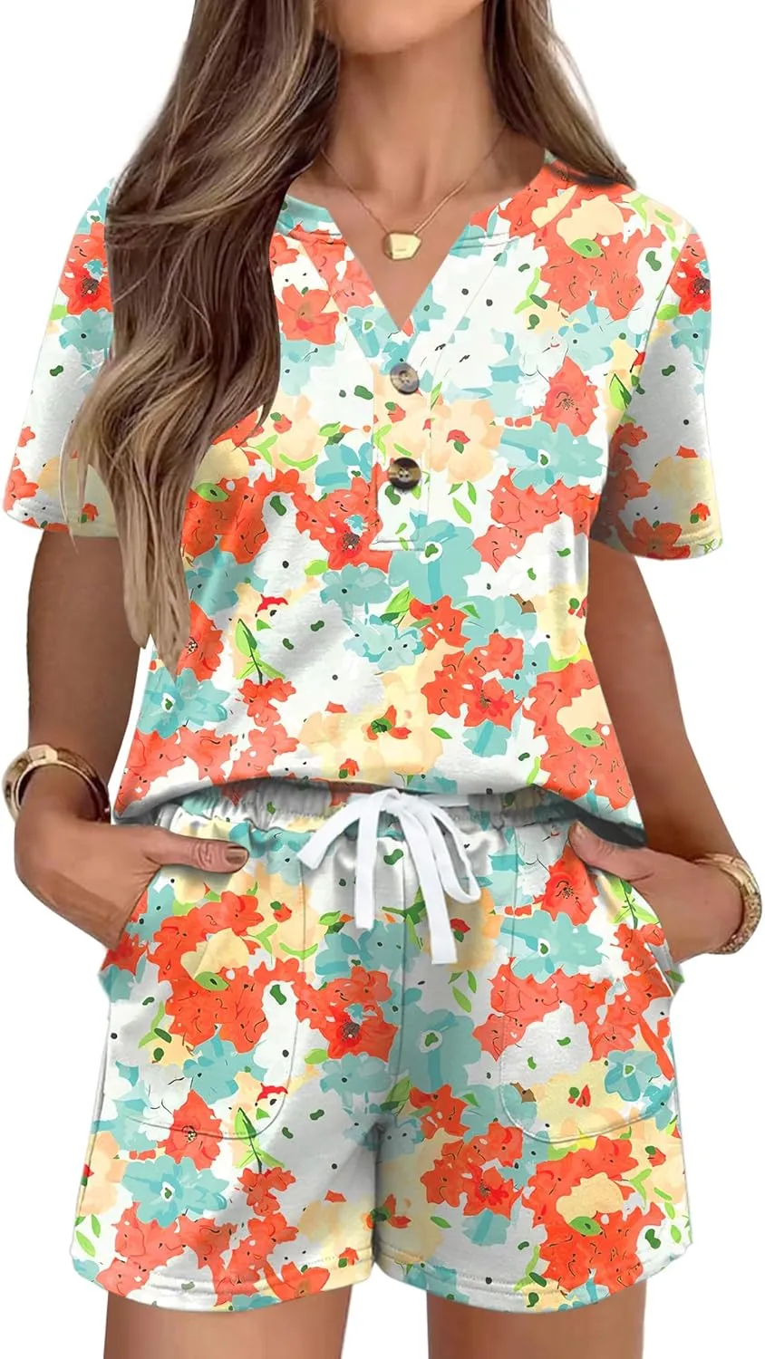 AKEWEI Womens Two Piece Outfits Summer Lounge Sets Tracksuit V Neck Buttons Down Tops and Shorts Set with Pockets