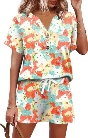AKEWEI Womens Two Piece Outfits Summer Lounge Sets Tracksuit V Neck Buttons Down Tops and Shorts Set with Pockets
