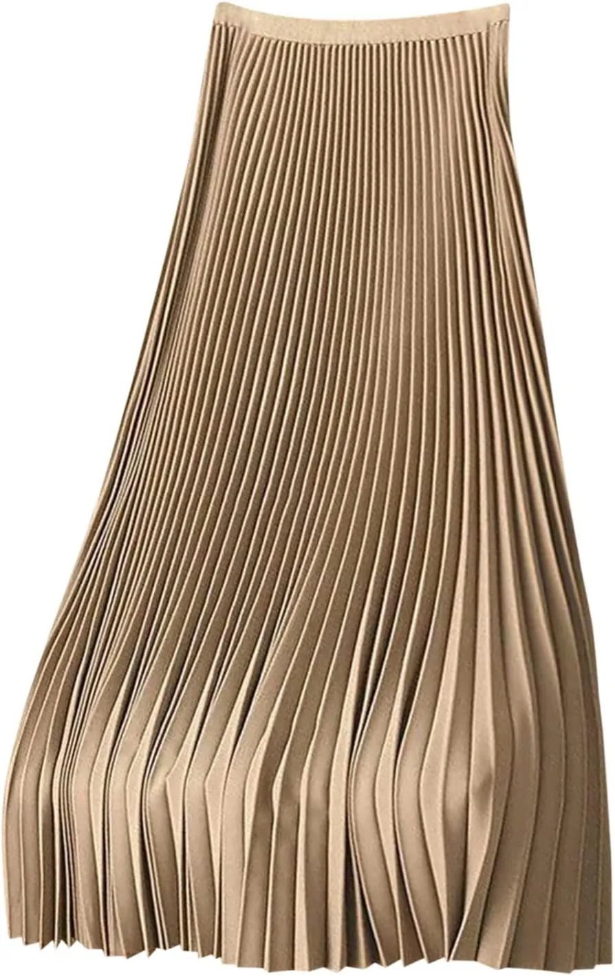 Akklian Pleated Midi Skirts for Women High Waisted A-Line Satin Skirts Chiffon Flare Casual Skirt 2024 Plus Size Midi Dress