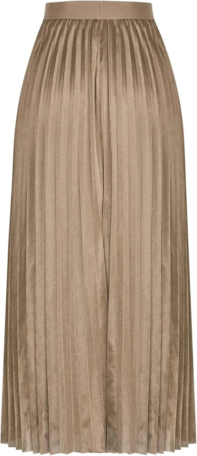 Akklian Pleated Midi Skirts for Women High Waisted A-Line Satin Skirts Chiffon Flare Casual Skirt 2024 Plus Size Midi Dress