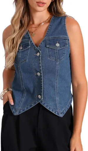 Allegra K Women's Denim Vest Jacket Sleeveless V Neck Button Down Casual Jean with Pockets Top