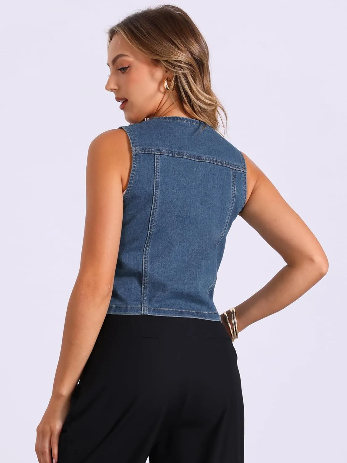 Allegra K Women's Denim Vest Jacket Sleeveless V Neck Button Down Casual Jean with Pockets Top