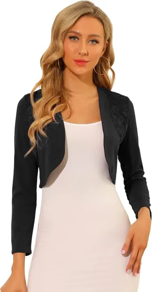 Allegra K Women's Elegant Bolero Shrugs Lace Insert Business Office Open Front Crop Cardigan