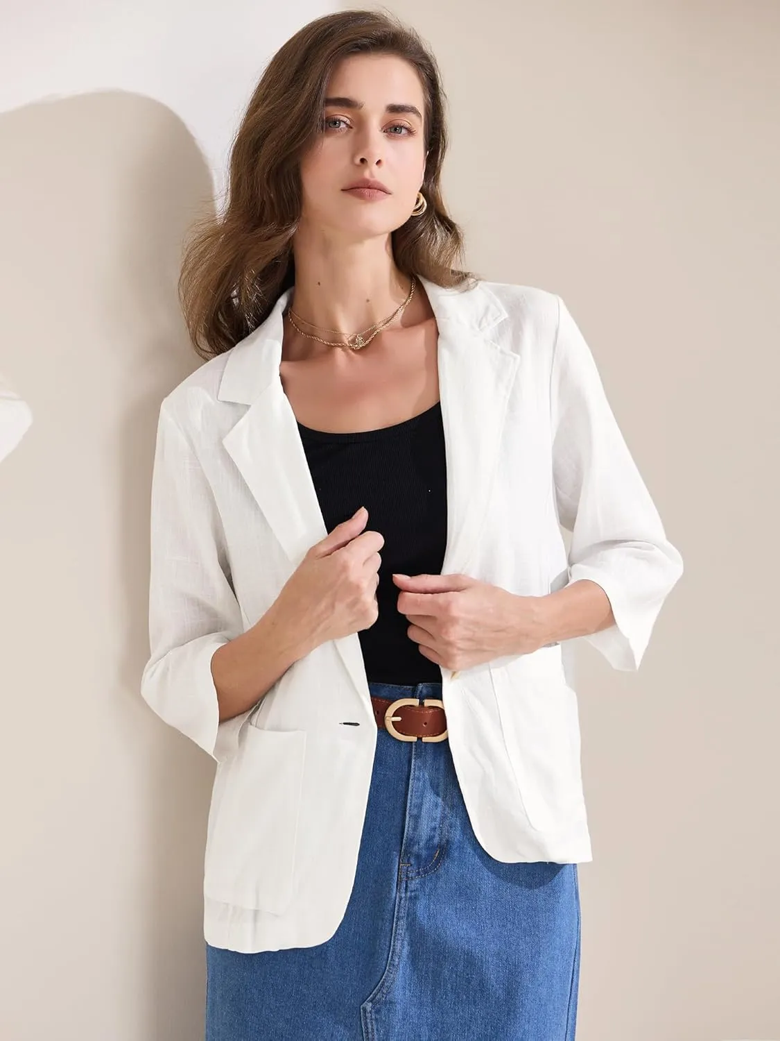 Allegra K Women's Linen Blazer 2025 Summer Lightweight 3/4 Sleeves Casual Office Work One Button Notched Lapel Suit Jacket