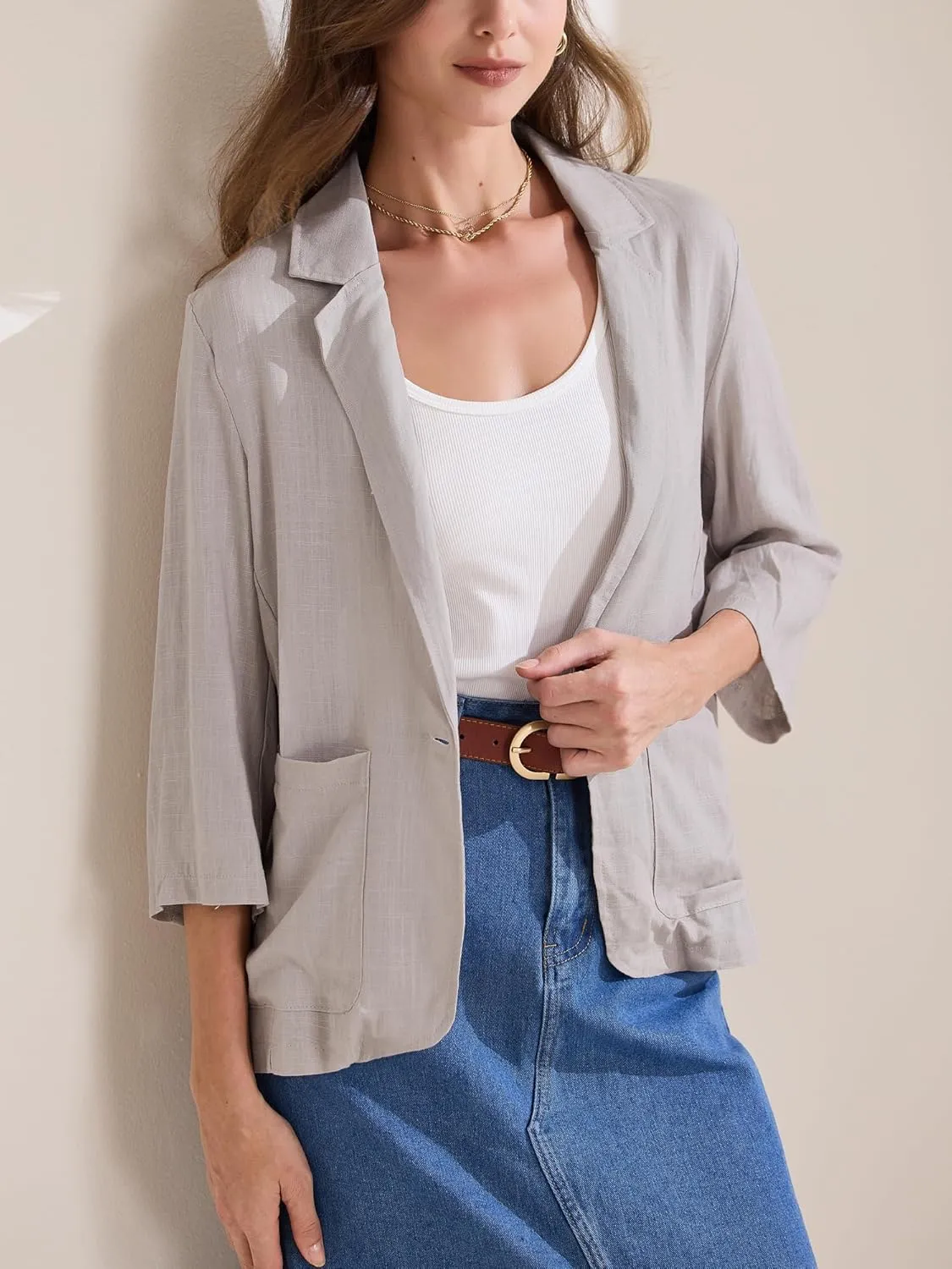 Allegra K Women's Linen Blazer 2025 Summer Lightweight 3/4 Sleeves Casual Office Work One Button Notched Lapel Suit Jacket