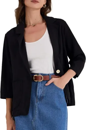 Allegra K Women's Linen Blazer 2025 Summer Lightweight 3/4 Sleeves Casual Office Work One Button Notched Lapel Suit Jacket