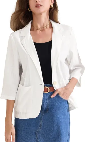 Allegra K Women's Linen Blazer 2025 Summer Lightweight 3/4 Sleeves Casual Office Work One Button Notched Lapel Suit Jacket