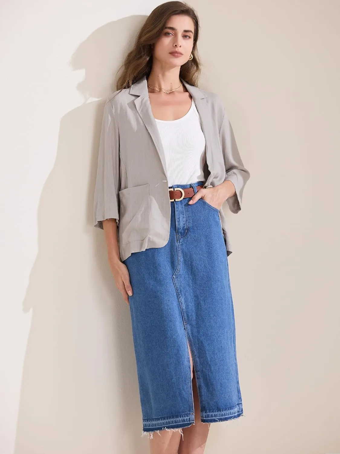 Allegra K Women's Linen Blazer 2025 Summer Lightweight 3/4 Sleeves Casual Office Work One Button Notched Lapel Suit Jacket